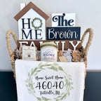 The Select closing gift basket with  locally made 'Home Sweet Home' sign, candle, and tea towel.