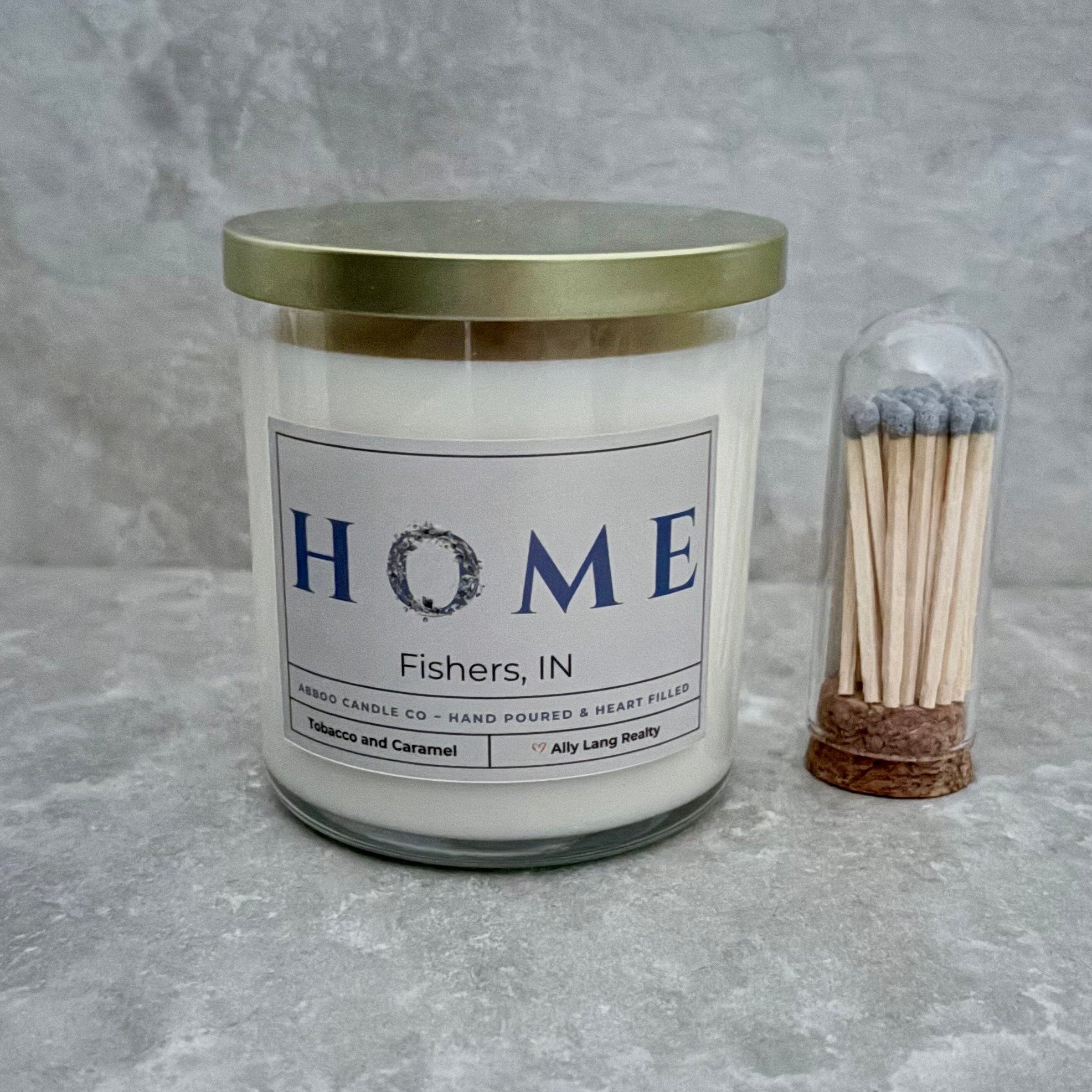 Hand Poured soy candle with custom Home label used in realtor closing gifts by SD Gift Co.