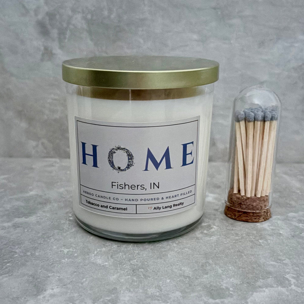 Hand Poured soy candle with custom Home label used in realtor closing gifts by SD Gift Co.