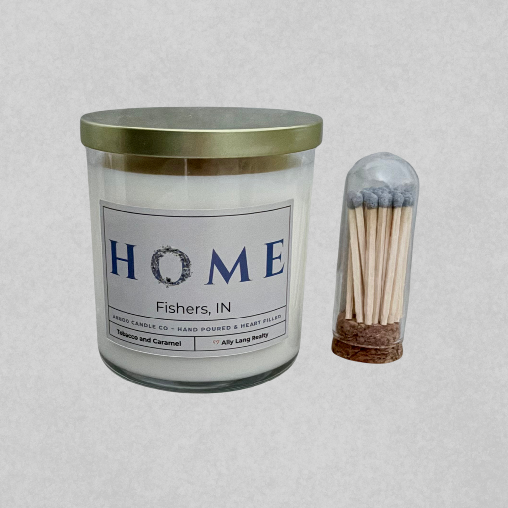 Hand Poured soy candle with custom Home label used in realtor closing gifts by SD Gift Co.