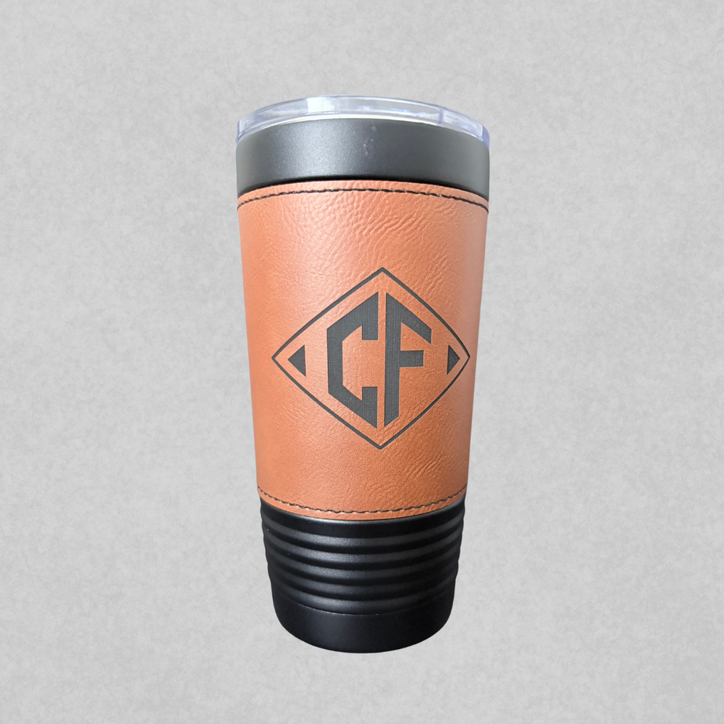 Leather-trimmed tumbler locally monogrammed for SD Gift Co closing baskets.