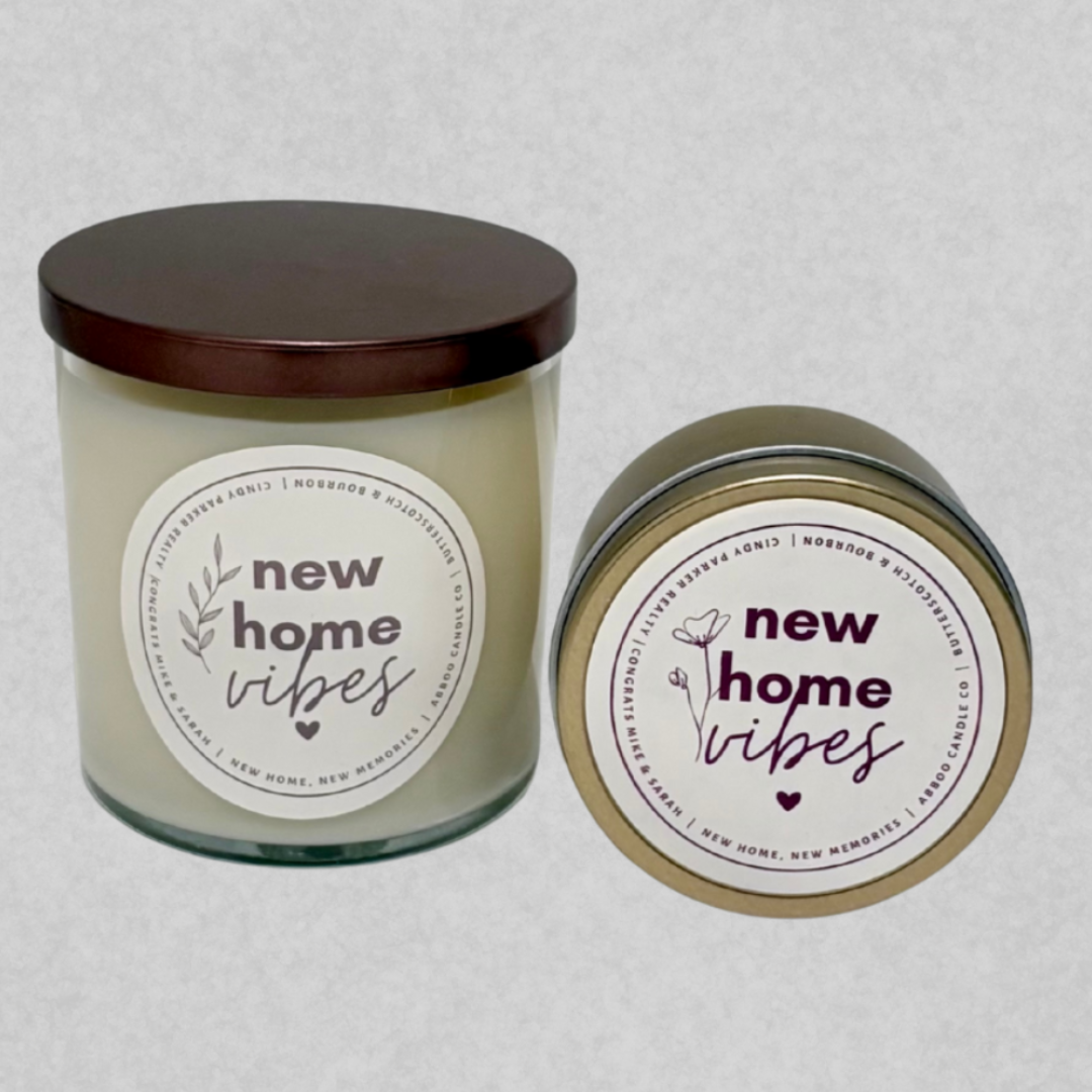 Local candles with custom labels made for SD Gift Co for Indiana realtors closing baskets.