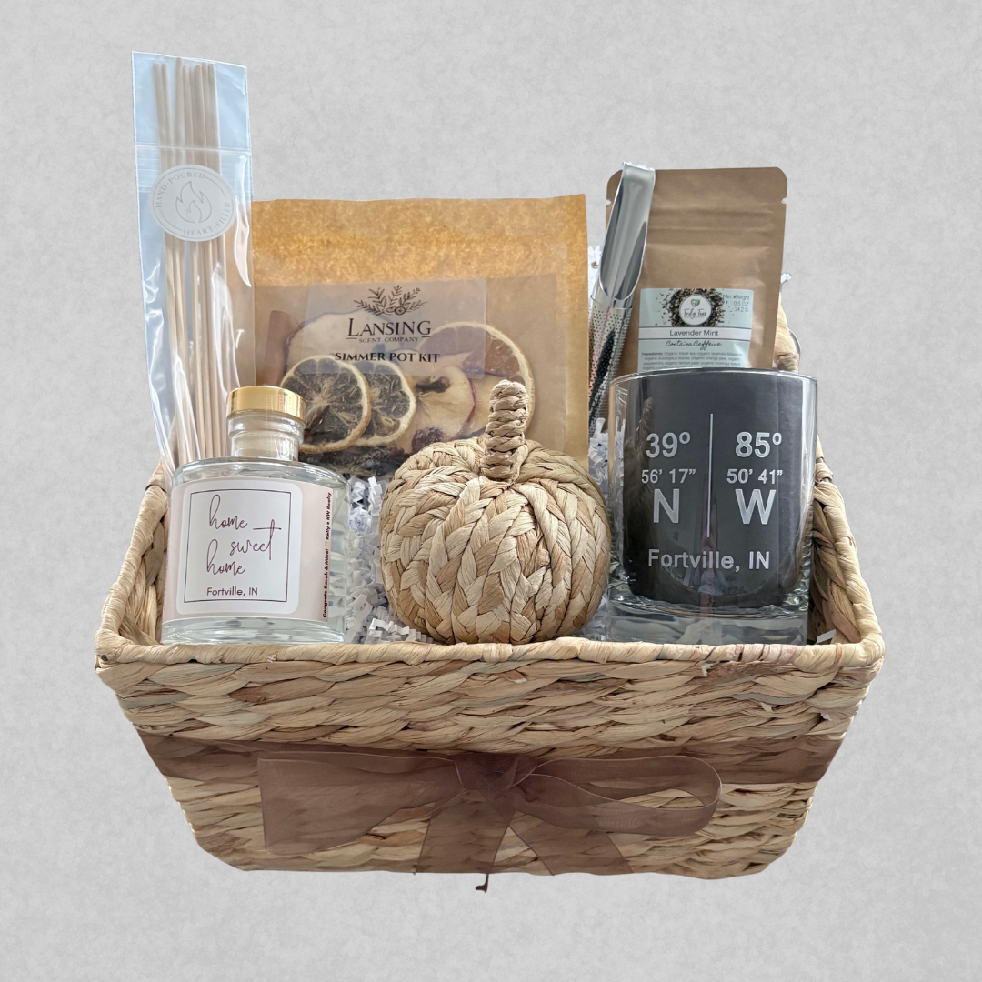 Closing gift basket featuring locally made items for Indiana realtors.