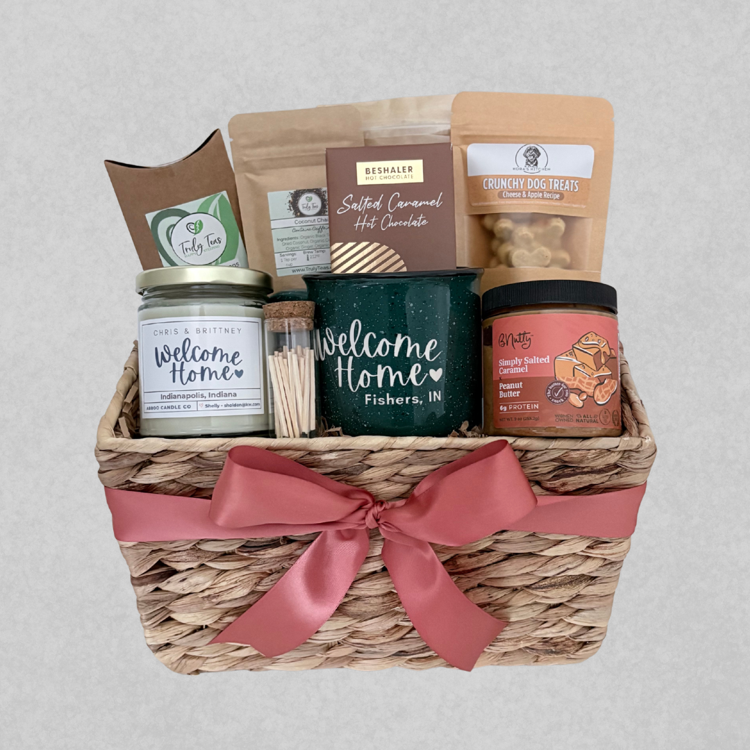 Closing basket filled with local products, curated by SD Gift Co for Indiana realtors.