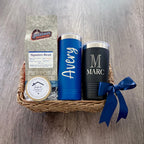 The Select closing gift basket for realtors in Indiana with locally engraved tumblers, locally roasted coffee, and a local candle with custom label.