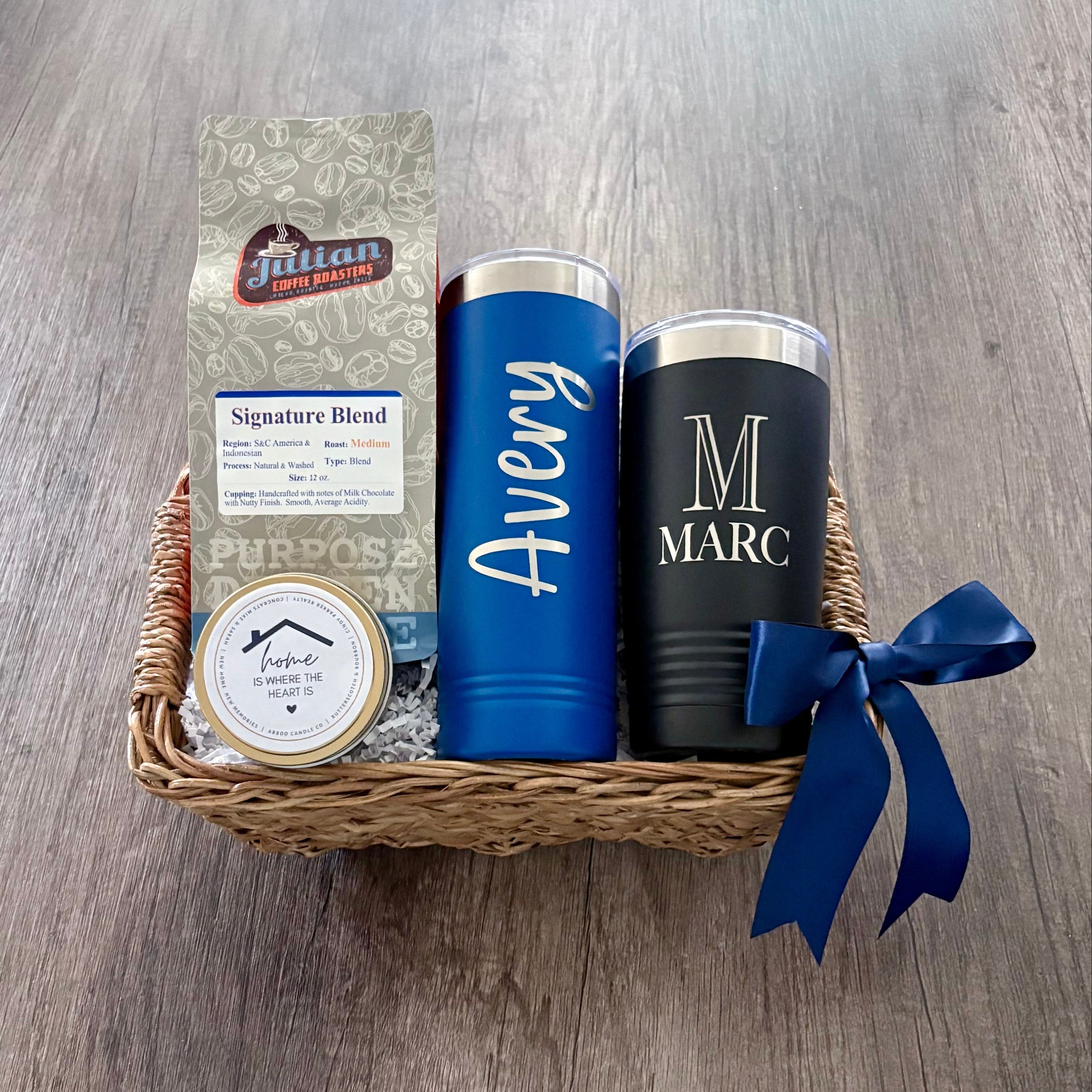 The Select closing gift basket for realtors in Indiana with locally engraved tumblers, locally roasted coffee, and a local candle with custom label.