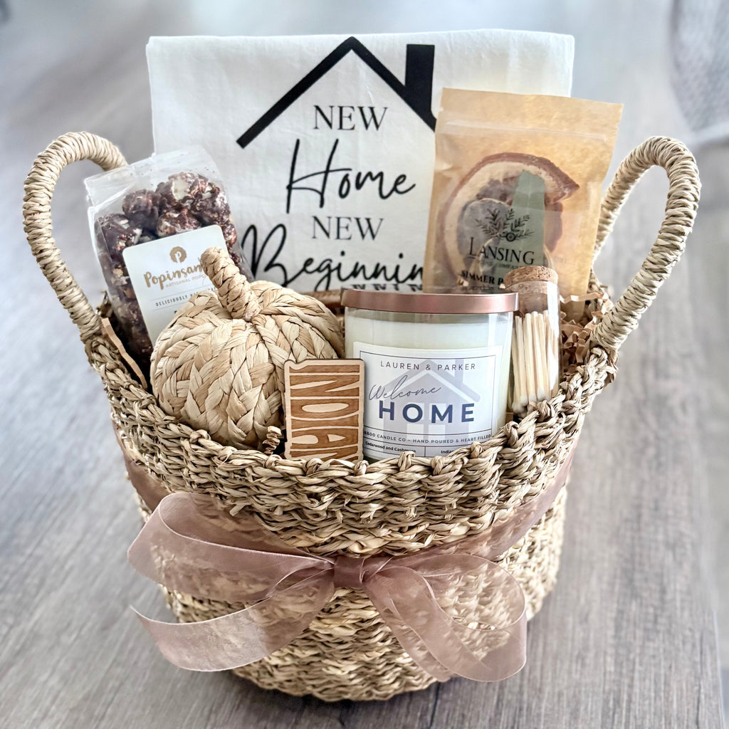 Custom $100 closing gift basket for realtors in Indiana featuring locally made candle, new home towel, and simmer pot.