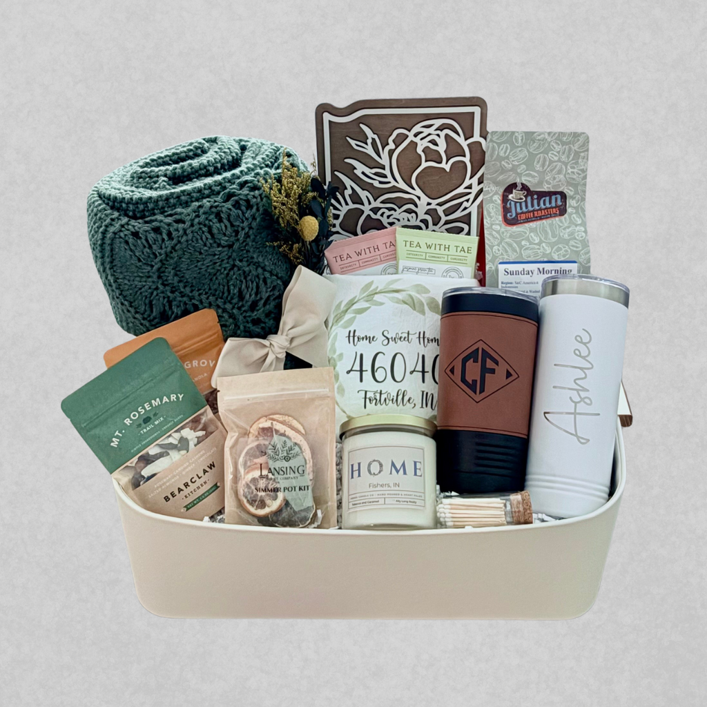 The Signature closing gift basket by SD Gift Co including local candle, IN state sign, and engraved tumblers.