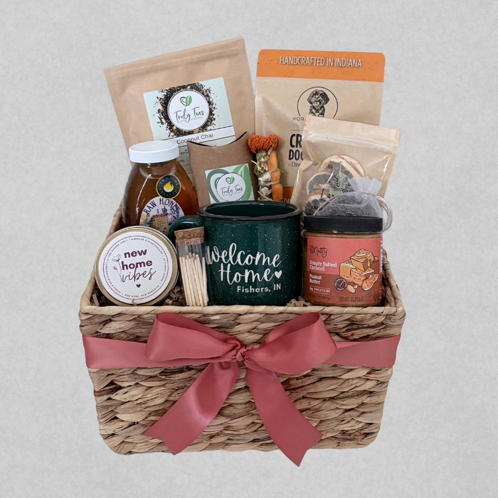 A Standard Tier closing gift basket, including personalized and locally sourced items, designed by SD Gift Co