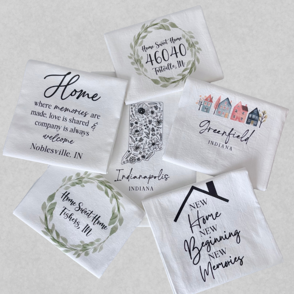 Custom tea towels for cities in Indiana, used in closing gift baskets by SD Gift Co.