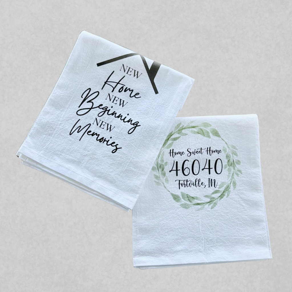 New Home tea towels personalized for closing baskets by SD Gift Co in Indiana.