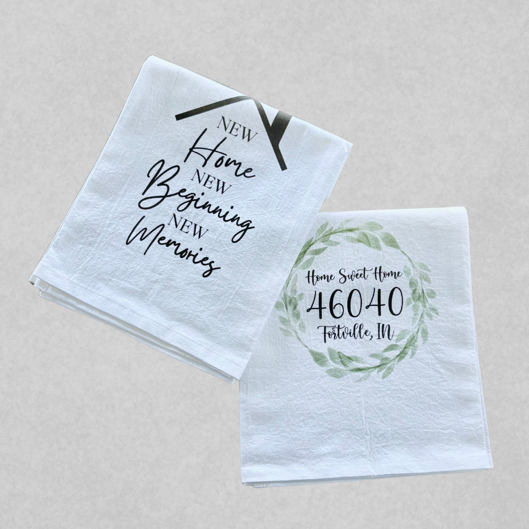 New Home tea towels personalized for closing baskets by SD Gift Co in Indiana.