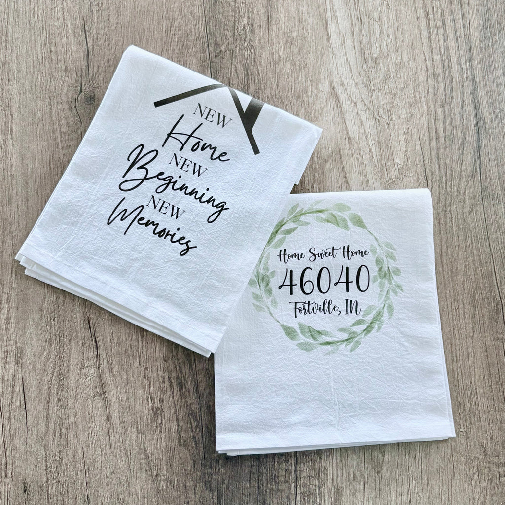 New Home tea towels personalized for closing baskets by SD Gift Co in Indiana.