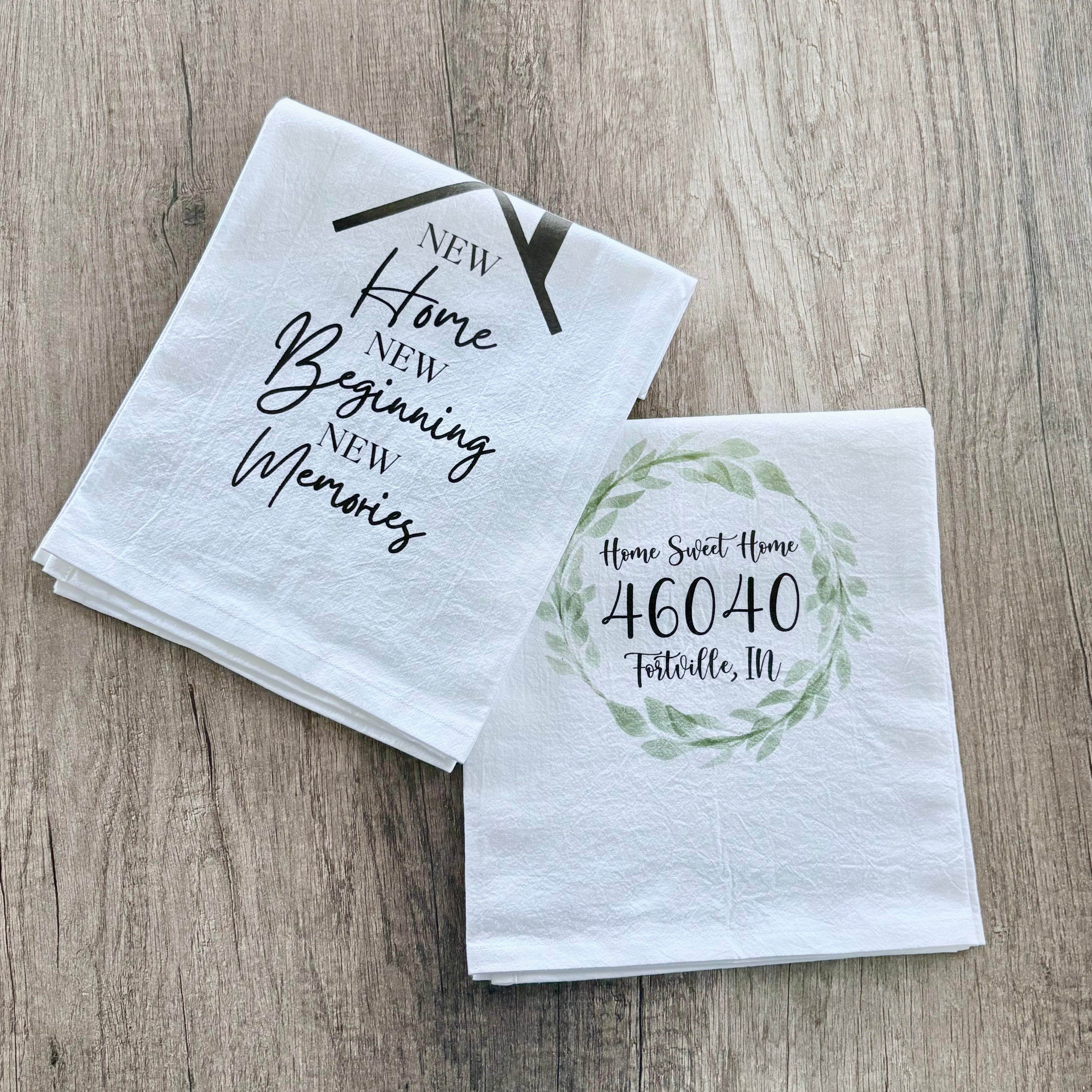New Home tea towels personalized for closing baskets by SD Gift Co in Indiana.