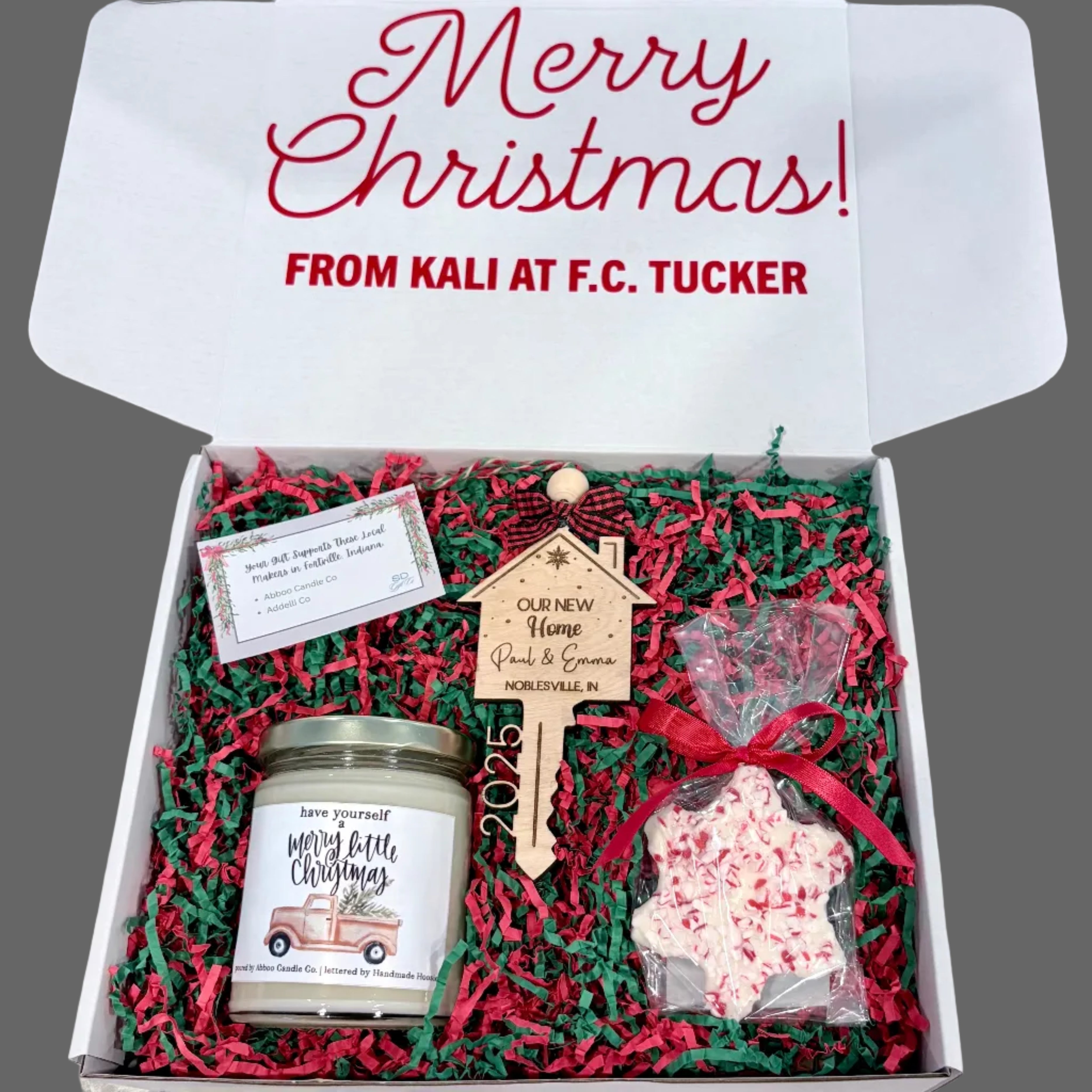 Personalized Christmas Connections box for Indiana realtors to stay connected to past clients. 