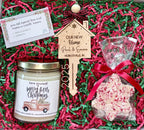 Custom holiday connection gift box for realtors in Indiana, featuring a local holiday candle, an Indiana home keepsake ornament, in a personalized box.