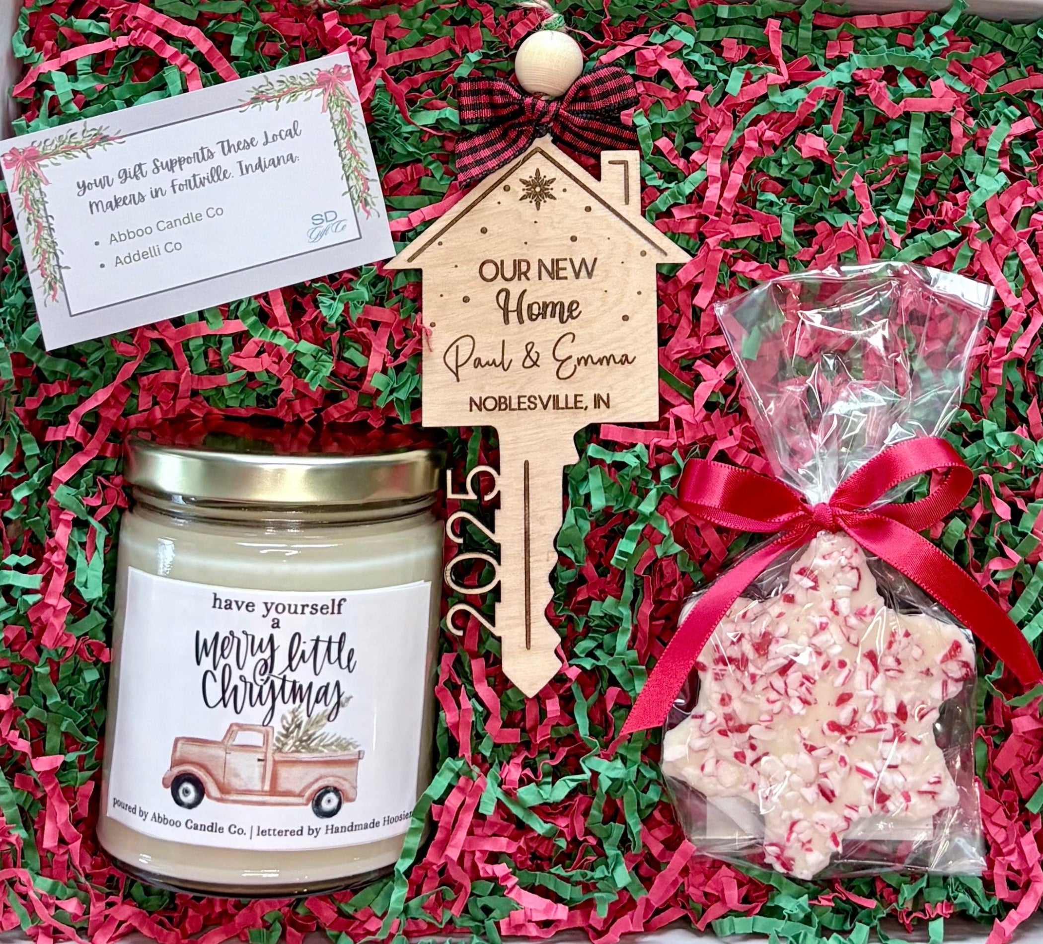 Custom holiday connection gift box for realtors in Indiana, featuring a local holiday candle, an Indiana home keepsake ornament, in a personalized box.