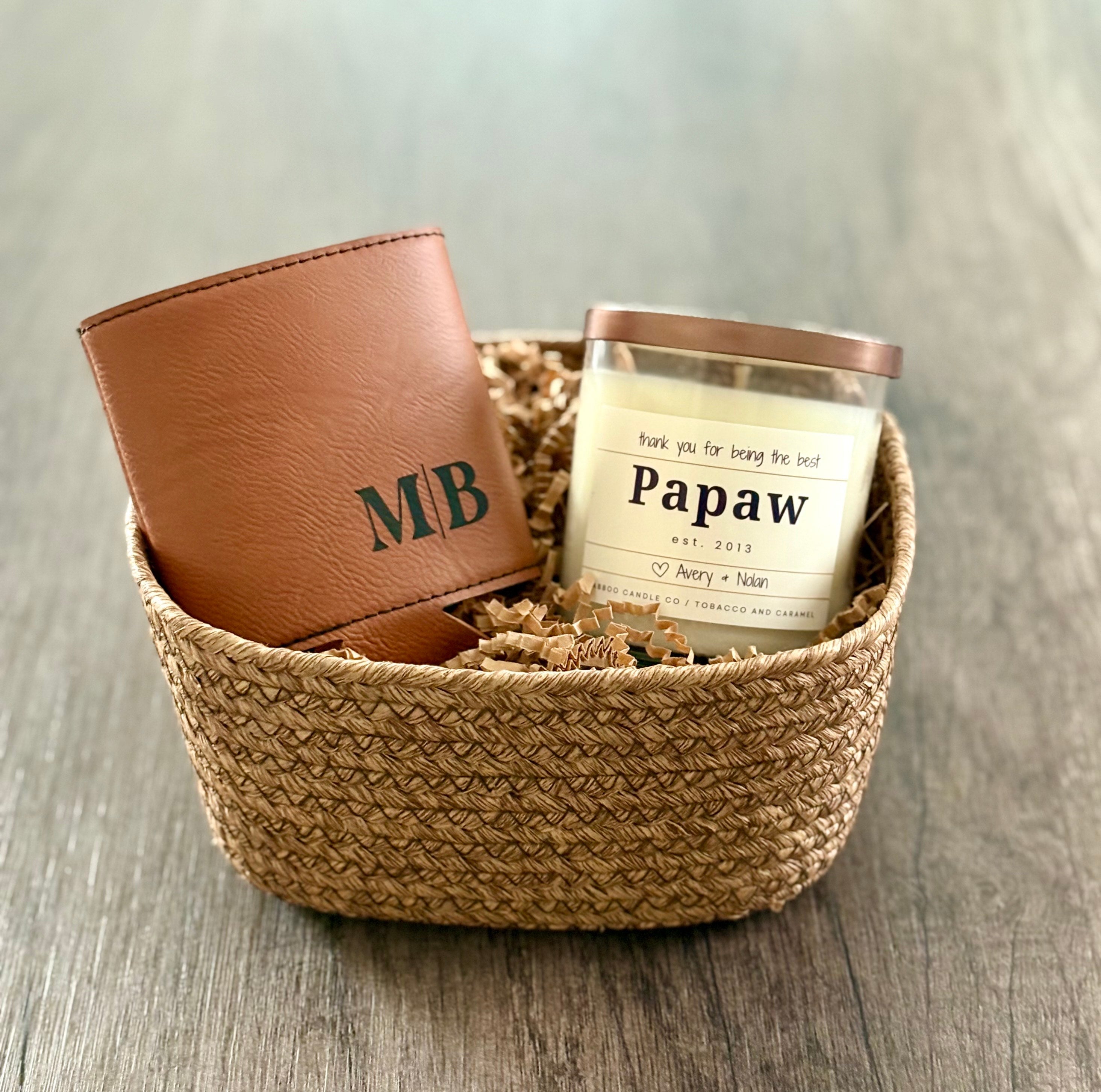 Personalized candle and monogrammed leather can cooler gift