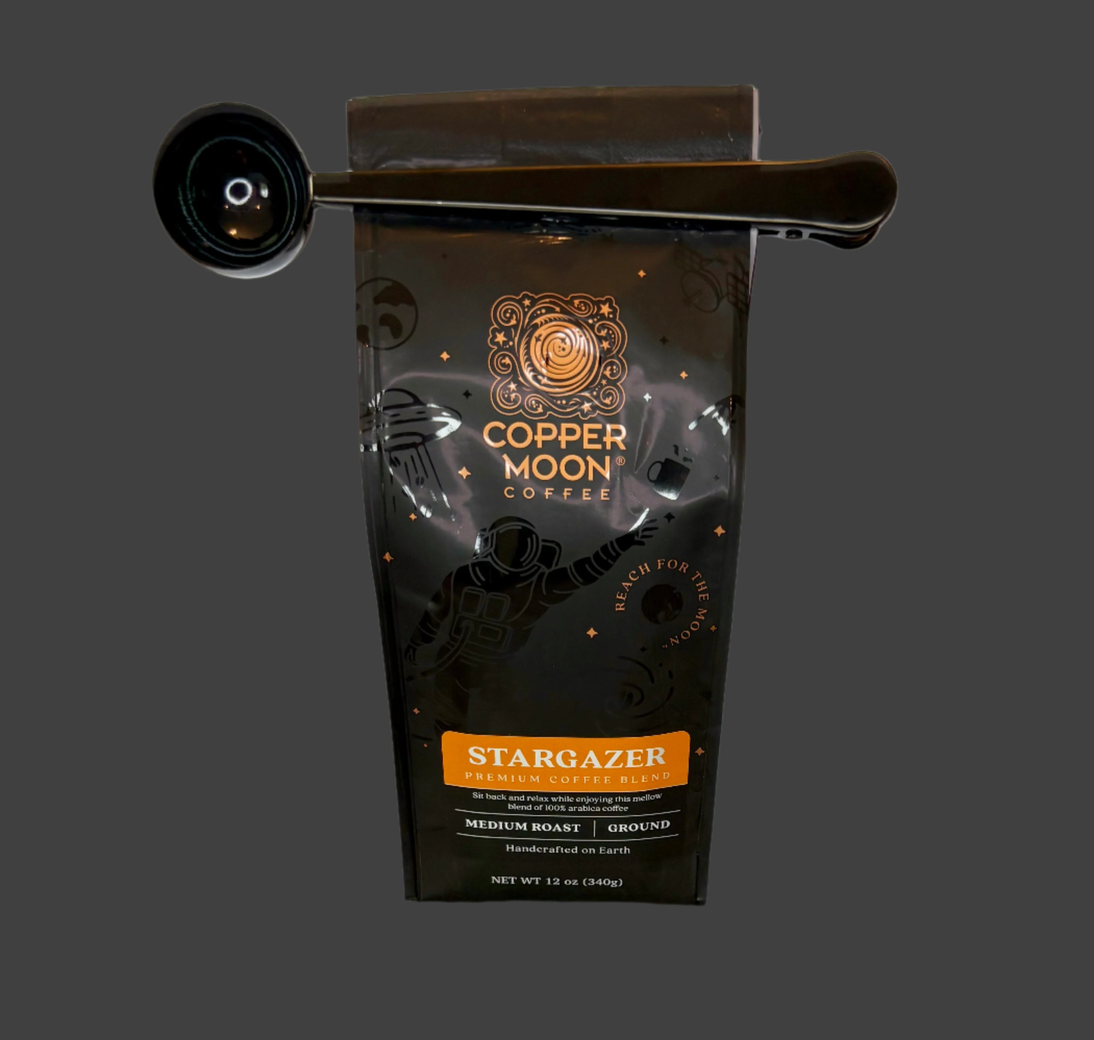 Copper Moon Coffee Stargazer package with a scoop on a table