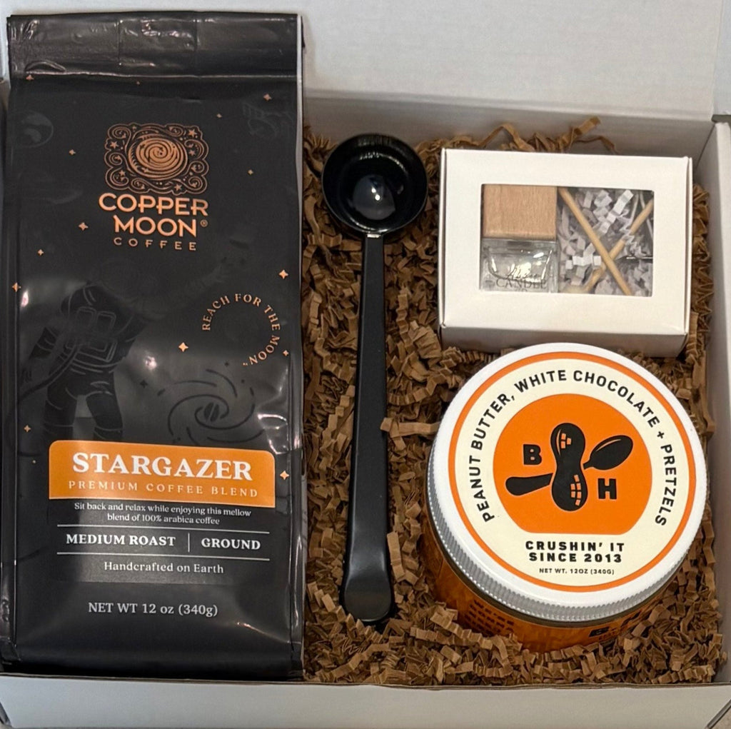 Gift set with Copper Moon Coffee, coffee spoon/clip, B. Happy Peanut Butter , and a locally made car air freshener