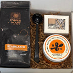 Gift set with Copper Moon Coffee, coffee spoon/clip, B. Happy Peanut Butter , and a locally made car air freshener