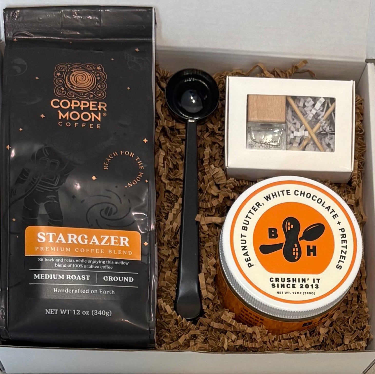 Gift set with Copper Moon Coffee, coffee spoon/clip, B. Happy Peanut Butter , and a locally made car air freshener