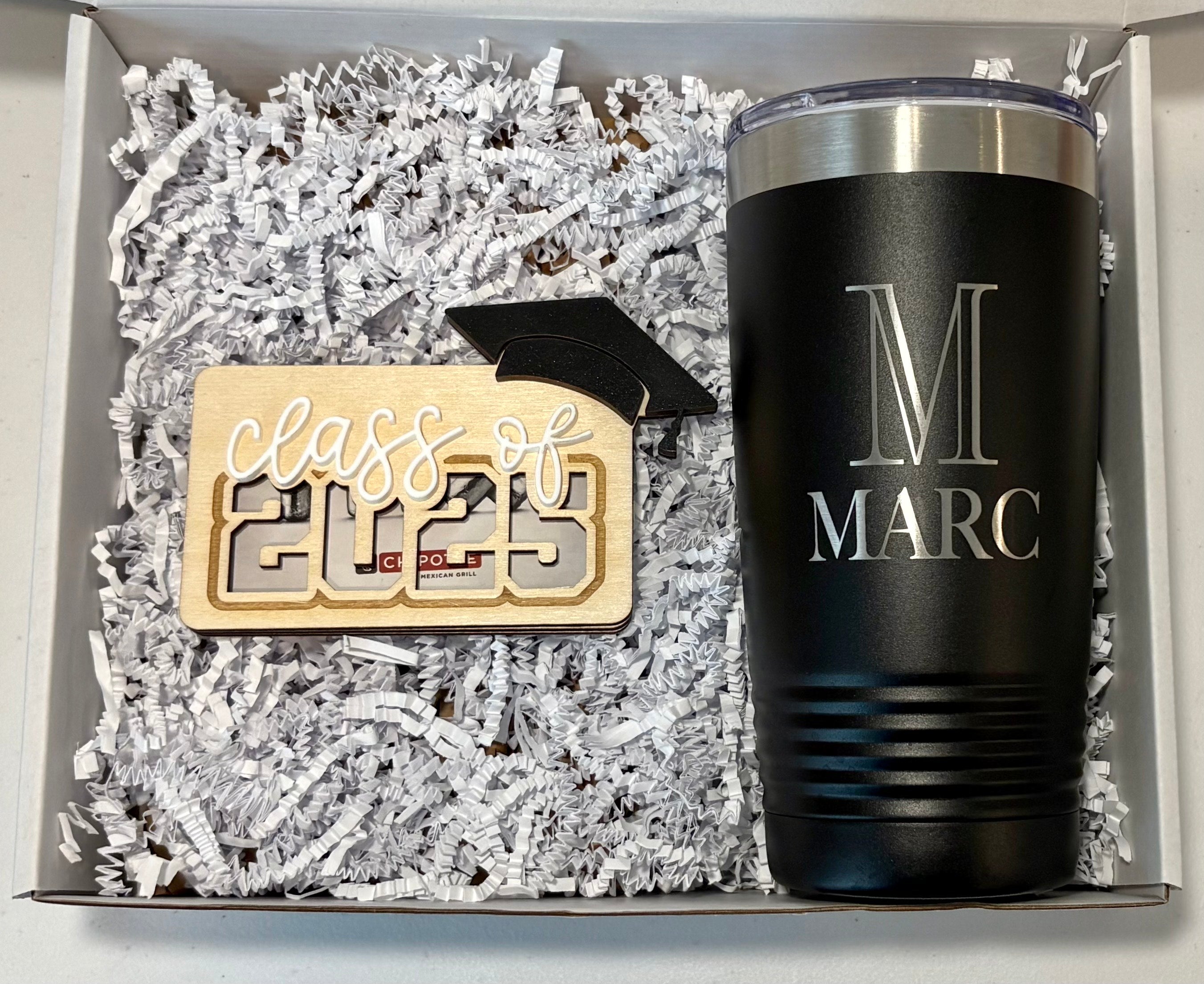 graduation gift with monogrammed tumbler and Class of 2025 gift card holder