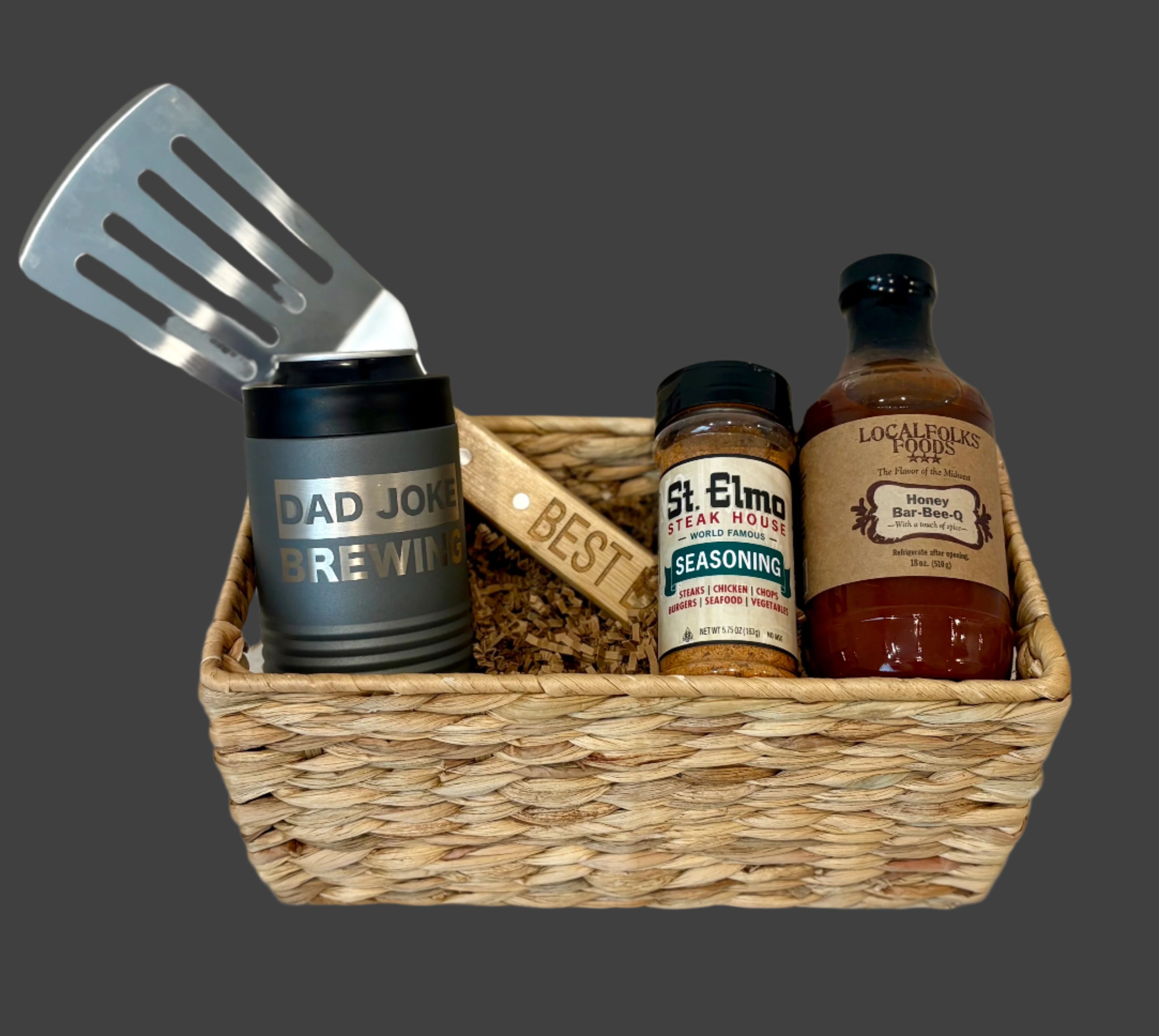 Grilling gift basket with engraved spatula, engraved can cooler, BBQ sauce, and seasoning