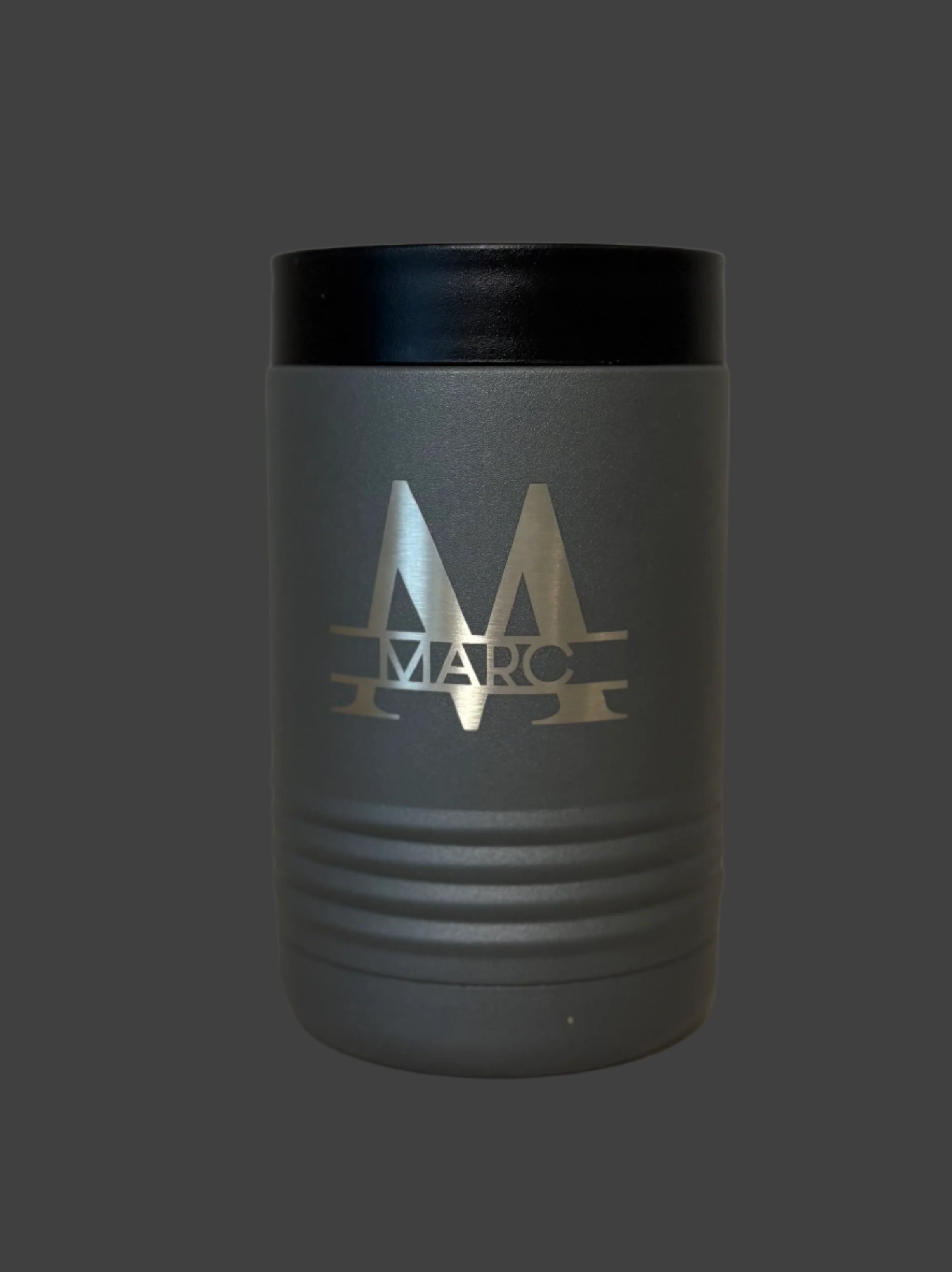 Engraved can cooler on a gray background