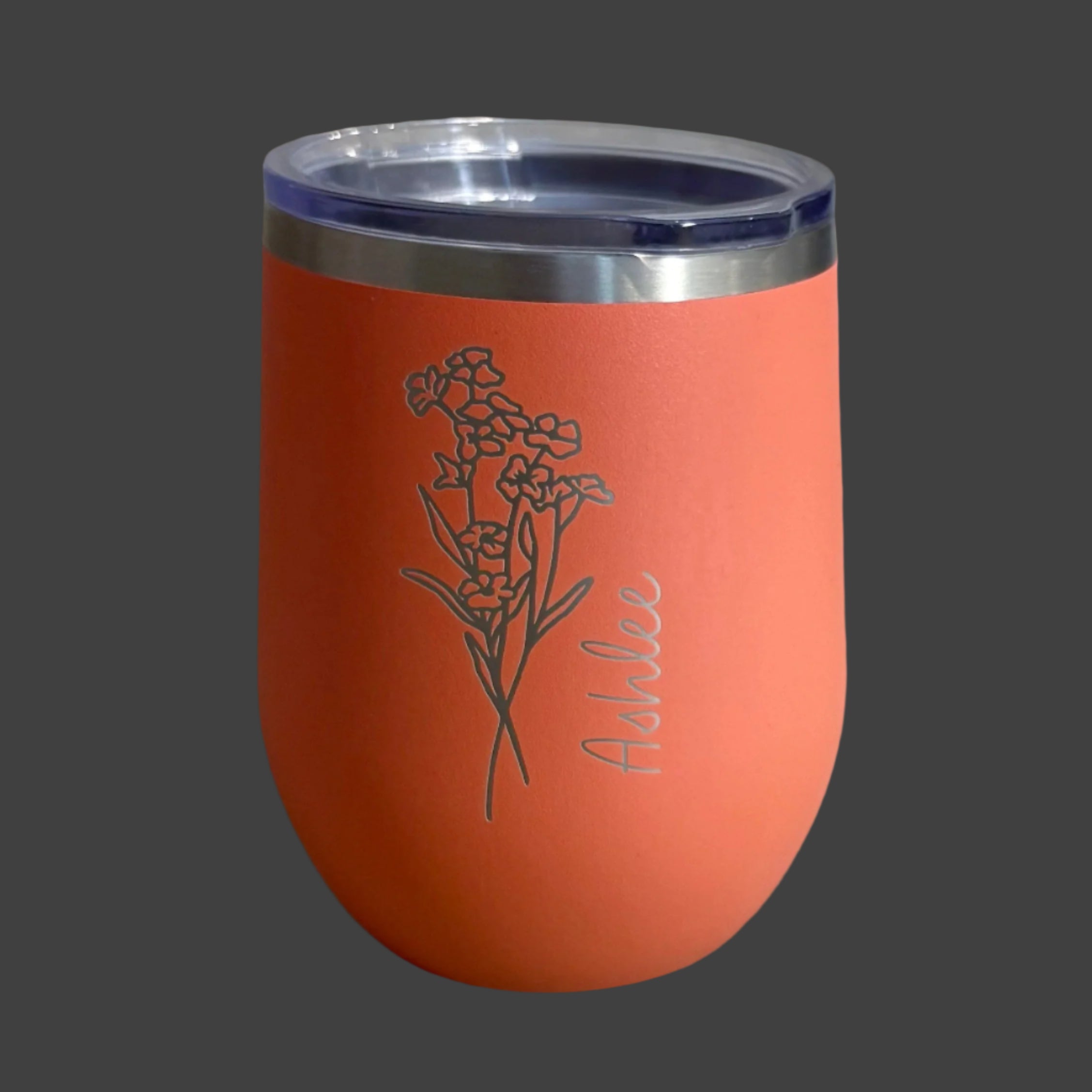 Monogrammed wine tumbler, coral color with silver engraving